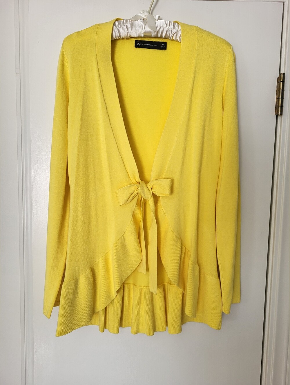 New York & Company Yellow Tie-Front Ruffle Cardigan